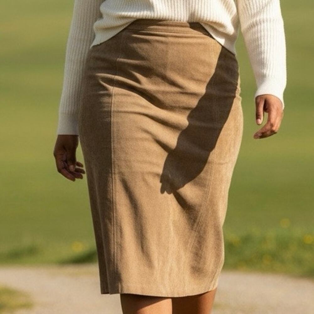 Vintage 1990s Bagatelle Suede leather midi skirt - light tan size 14